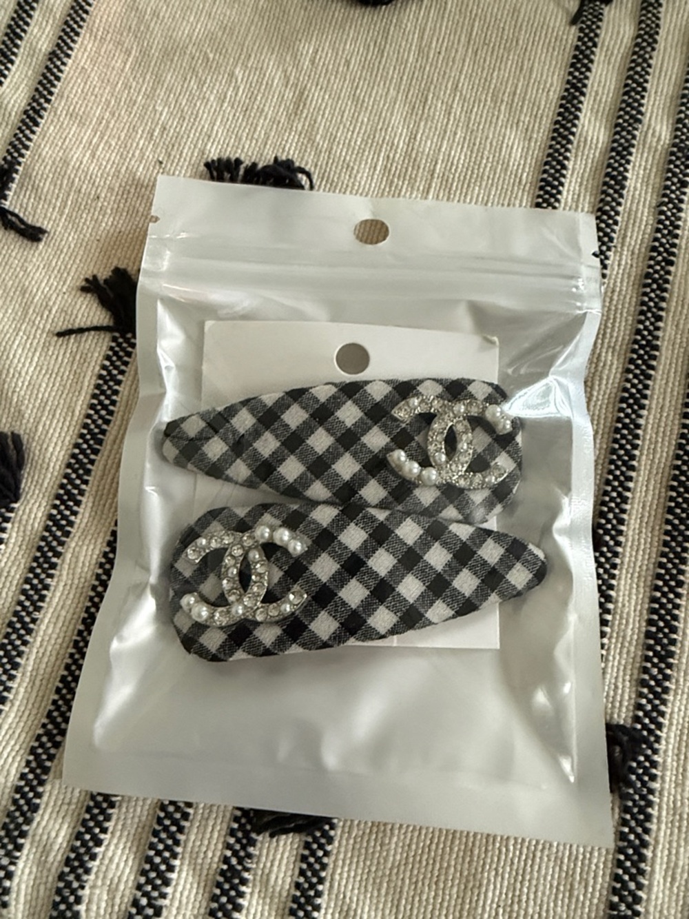 Cc  Black & White Gingham Crystal Pearl Logo Hair Clips